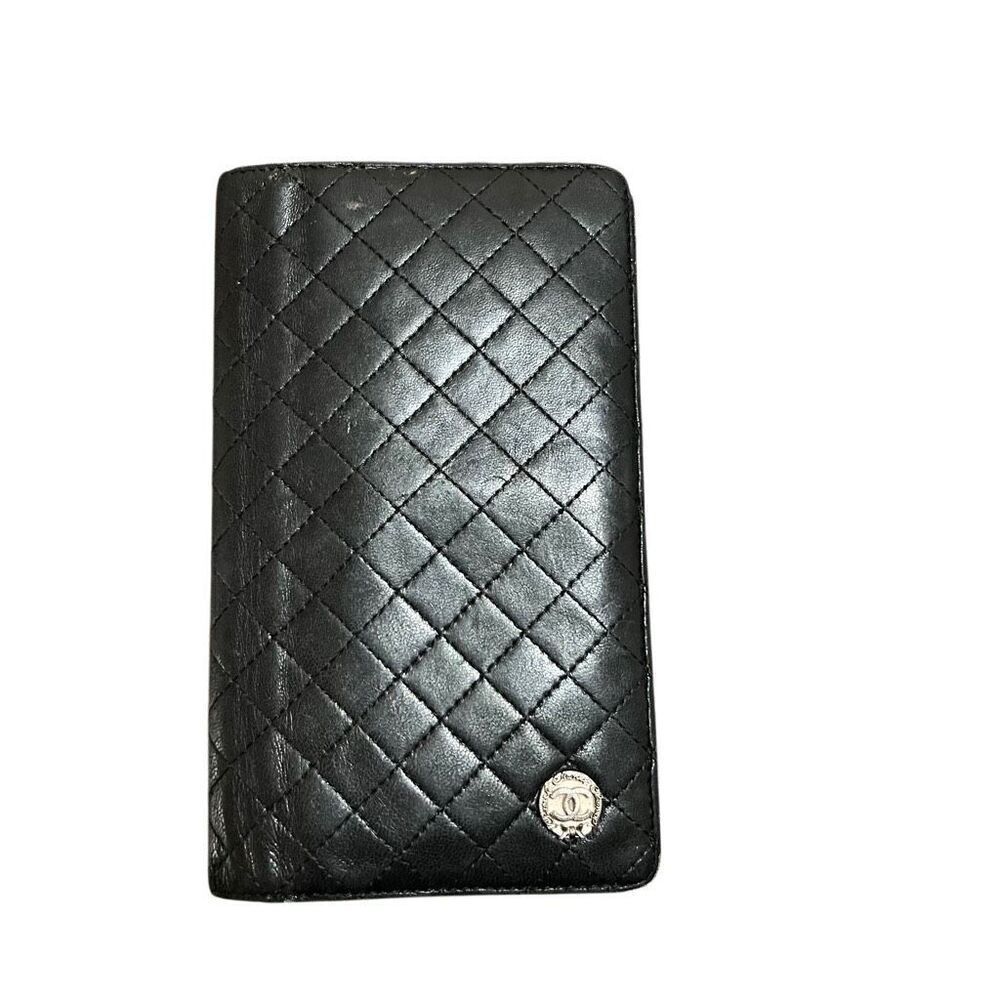 Black pink Chanel lamb skin long quilted bifold wallet card holder